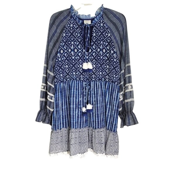 HEMANT & NANDITA Dresses & Skirts - Hemant Nandita Womens Blue Geometric Tiered Mini Dress Long Sleeve Size L